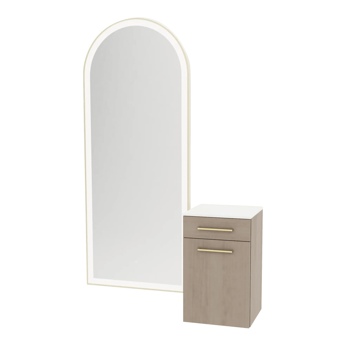 Glo Wall Mount Styling Station with Tilt-out Appliance Holder, Solid Surface Countertop, and Gold Full-Length Arch Paloma Mirror - Kaemark