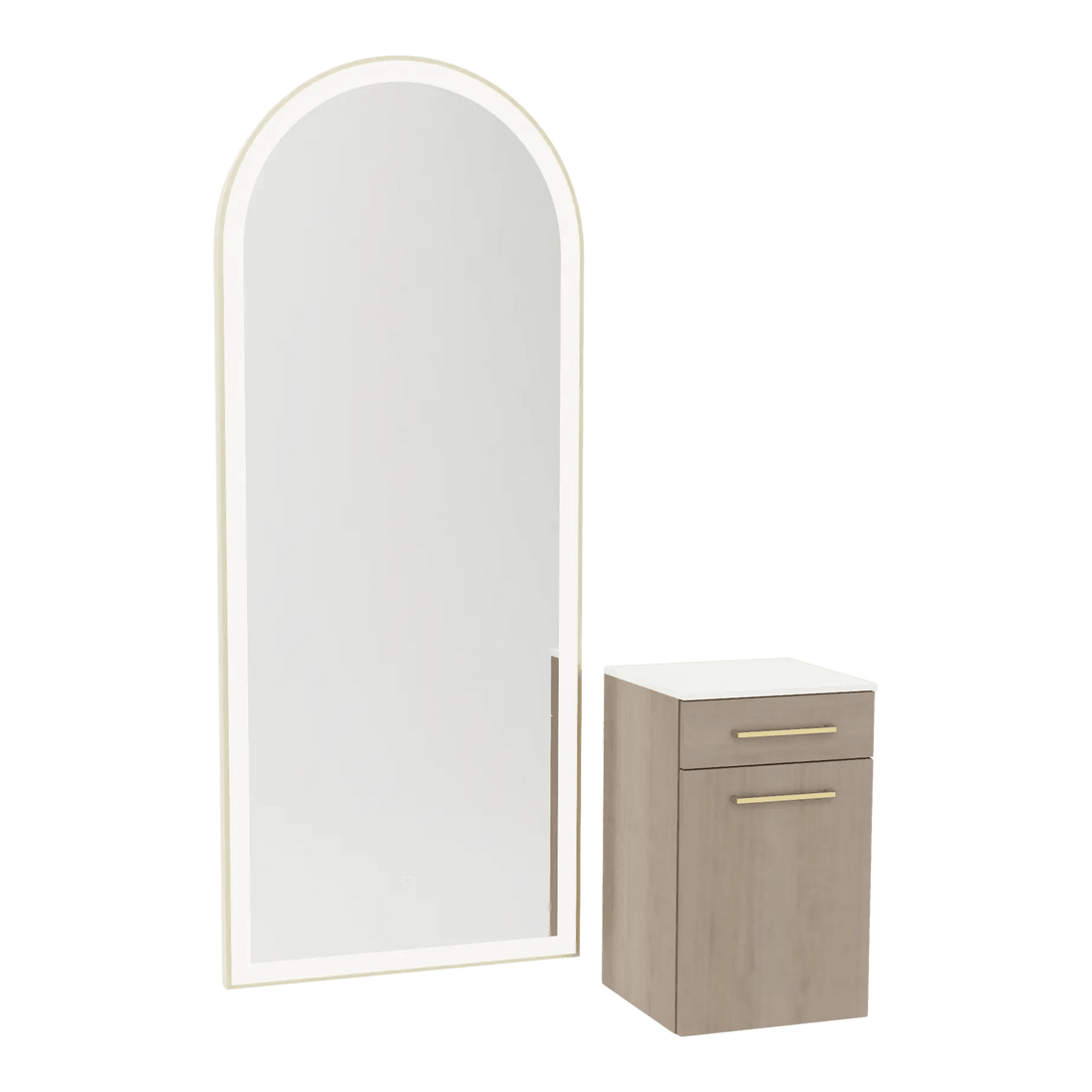 Glo Wall Mount Styling Station with Tilt-out Appliance Holder, Solid Surface Countertop, and Gold Full-Length Arch Paloma Mirror - Kaemark