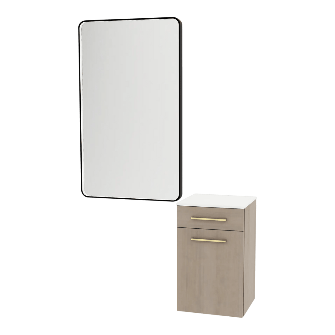 Glo Laminate Wall Mount Styling Station with Solid Surface Countertop, Tilt-Out Appliance Holder, and Westin Rectangle Mirror - Kaemark
