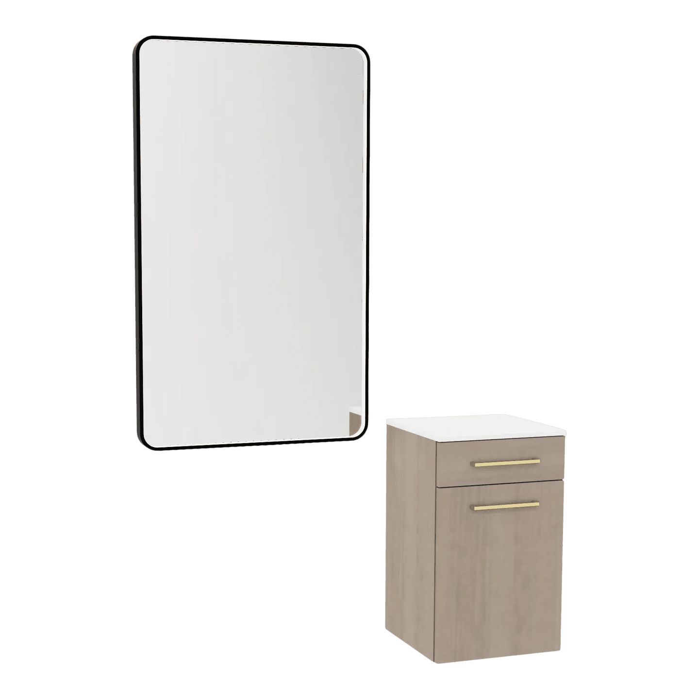 Glo Laminate Wall Mount Styling Station with Solid Surface Countertop, Tilt-Out Appliance Holder, and Westin Rectangle Mirror - Kaemark