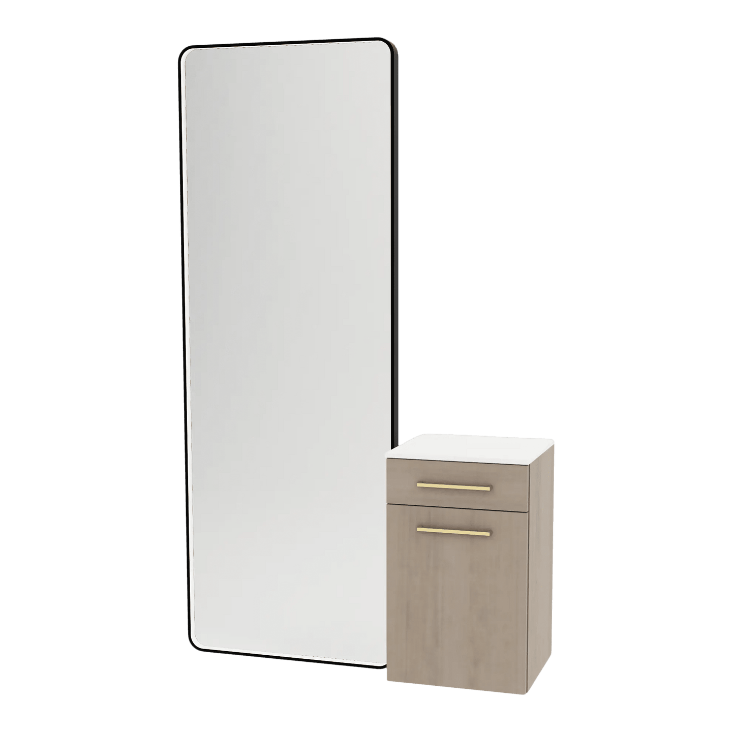 Glo Wall Mount Styling Station with Tilt-out Appliance Holder, Solid Surface Countertop, and Black Full-Length Rectangle Westin Mirror - Kaemark