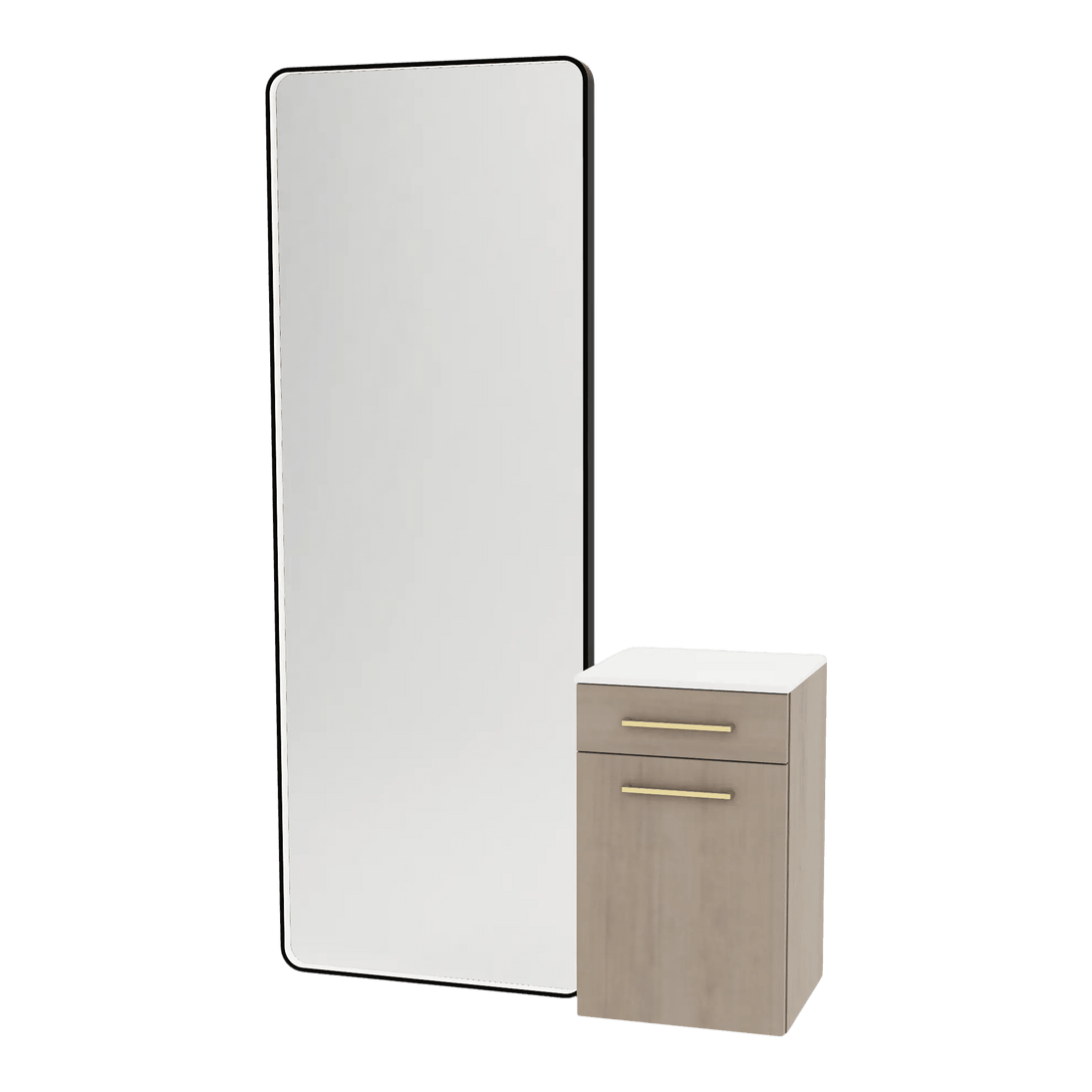 Glo Wall Mount Styling Station with Tilt-out Appliance Holder, Solid Surface Countertop, and Black Full-Length Rectangle Westin Mirror - Kaemark