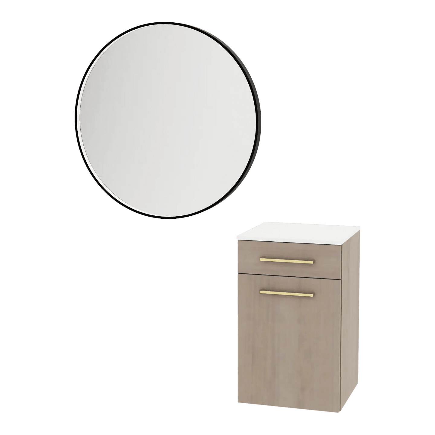 Glo Wall Mount Styling Station with Tilt-out Appliance Holder, Solid Surface Countertop, and Black Round Westin Mirror - Kaemark