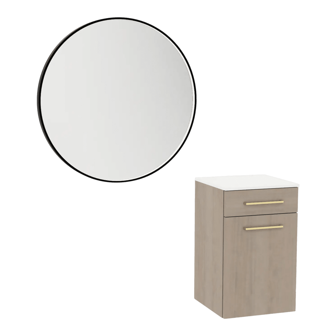 Glo Wall Mount Styling Station with Tilt-out Appliance Holder, Solid Surface Countertop, and Black Round Westin Mirror - Kaemark