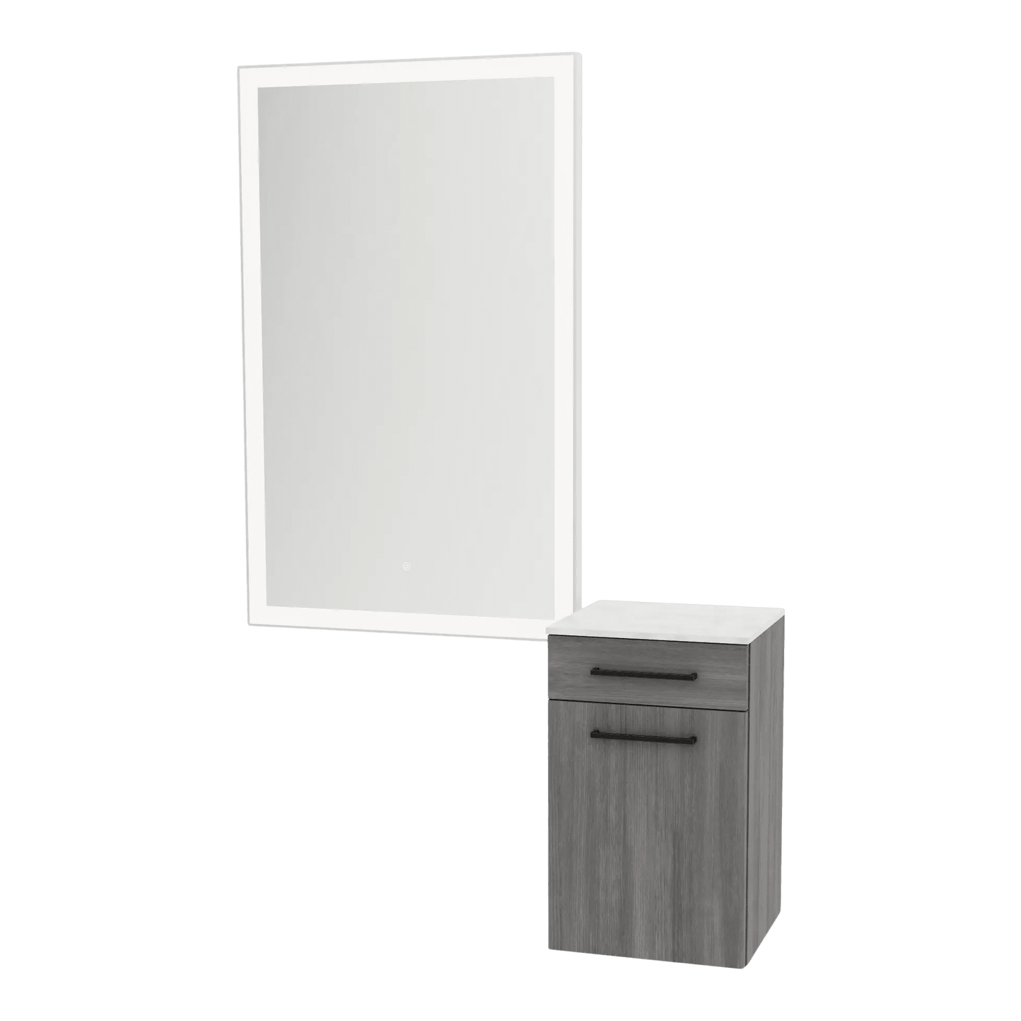 Glo Wall Mount Styling Station with Tilt-out Appliance Holder, Solid Surface Countertop, and Silver Rectangle Glo Mirror - Kaemark