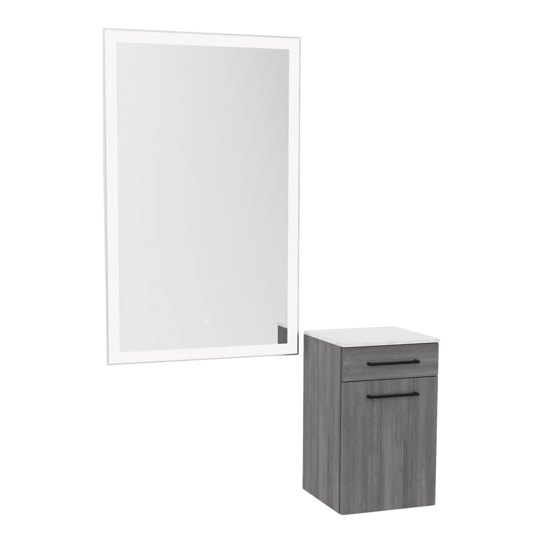 Glo Wall Mount Styling Station with Tilt-out Appliance Holder, Solid Surface Countertop, and Silver Rectangle Glo Mirror - Kaemark