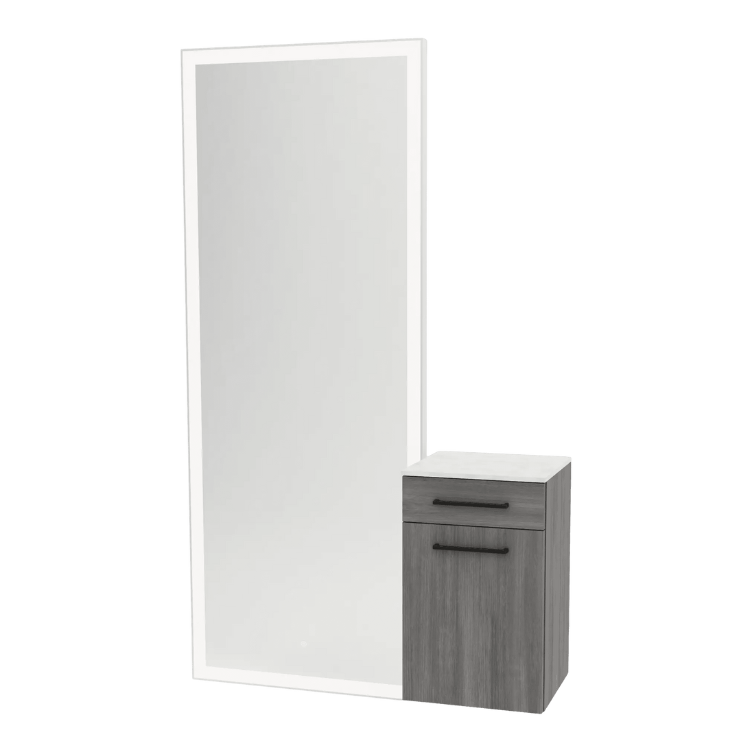 Glo Wall Mount Styling Station with Tilt-out Appliance Holder, Solid Surface Countertop, and Silver Full-Length Rectangle Glo Mirror - Kaemark