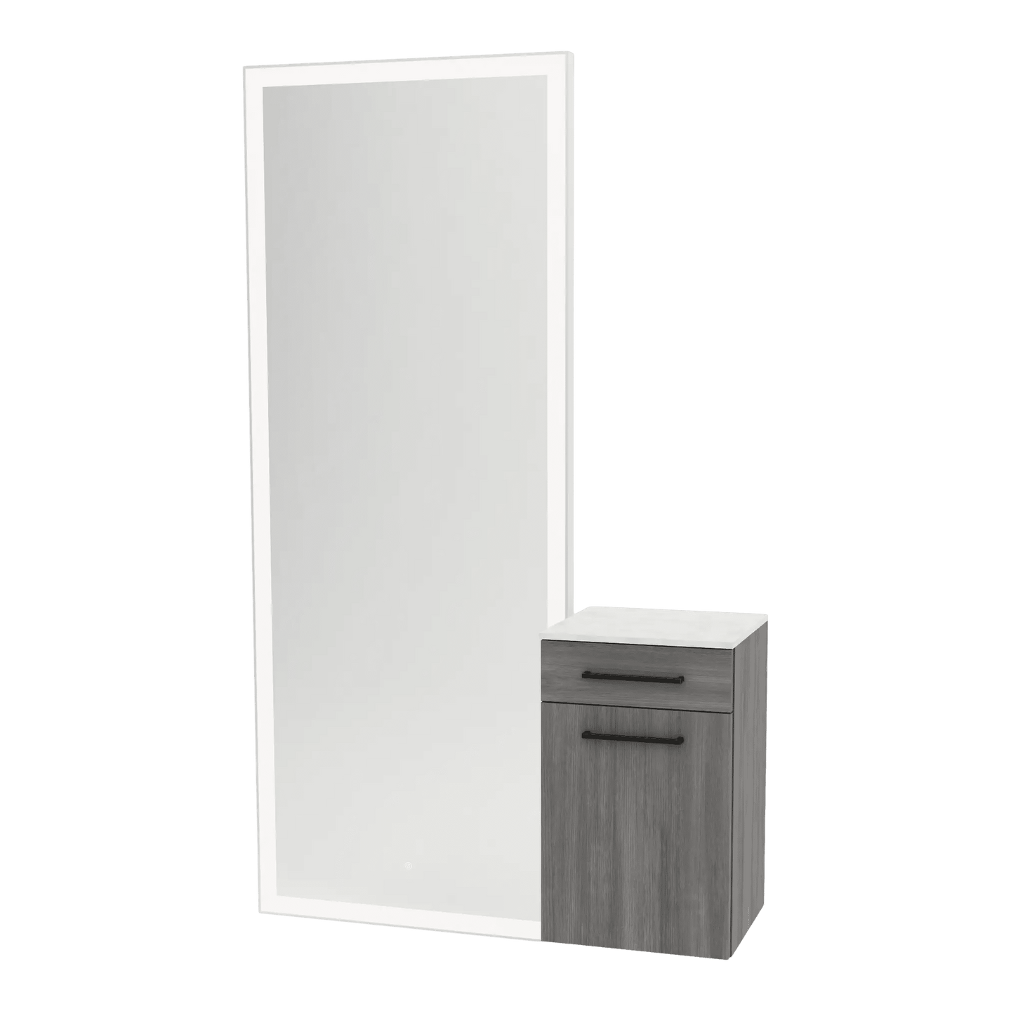 Glo Wall Mount Styling Station with Tilt-out Appliance Holder, Solid Surface Countertop, and Silver Full-Length Rectangle Glo Mirror - Kaemark