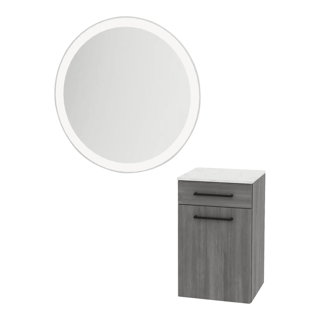 Glo Wall Mount Styling Station with Tilt-out Appliance Holder, Solid Surface Countertop, and Silver Round Glo Mirror - Kaemark