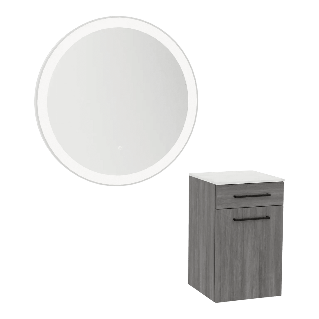 Glo Wall Mount Styling Station with Tilt-out Appliance Holder, Solid Surface Countertop, and Silver Round Glo Mirror - Kaemark