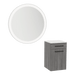 Glo Wall Mount Styling Station with Tilt-out Appliance Holder, Solid Surface Countertop, and Silver Round Glo Mirror - Kaemark