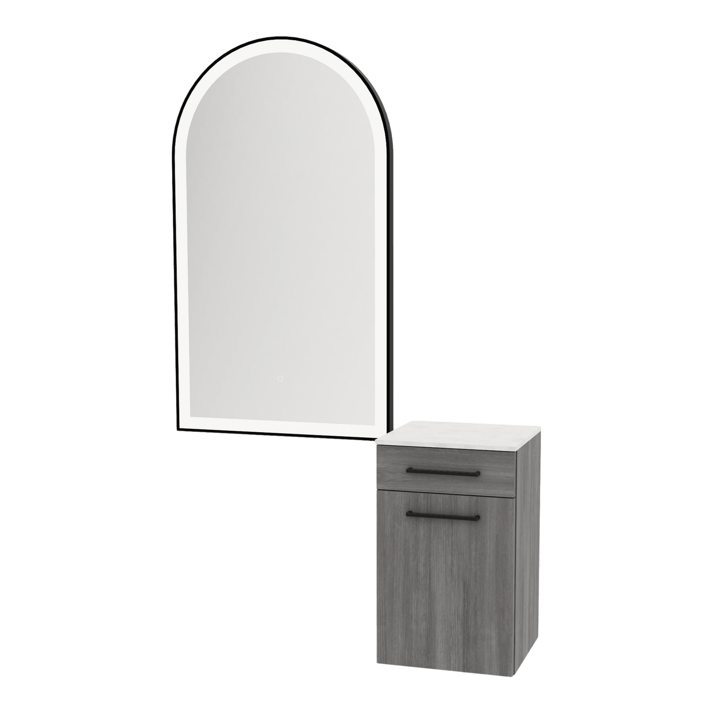 Glo Wall Mount Styling Station with Tilt-out Appliance Holder, Solid Surface Countertop, and Black Arch Paloma Mirror - Kaemark