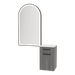 Glo Wall Mount Styling Station with Tilt-out Appliance Holder, Solid Surface Countertop, and Black Arch Paloma Mirror - Kaemark