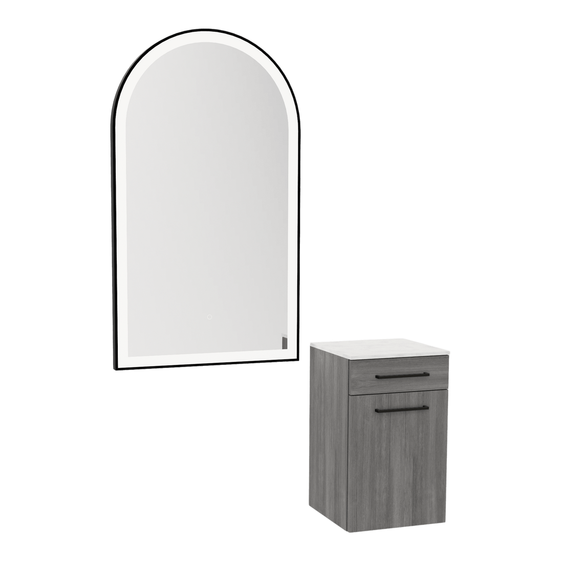 Glo Wall Mount Styling Station with Tilt-out Appliance Holder, Solid Surface Countertop, and Black Arch Paloma Mirror - Kaemark