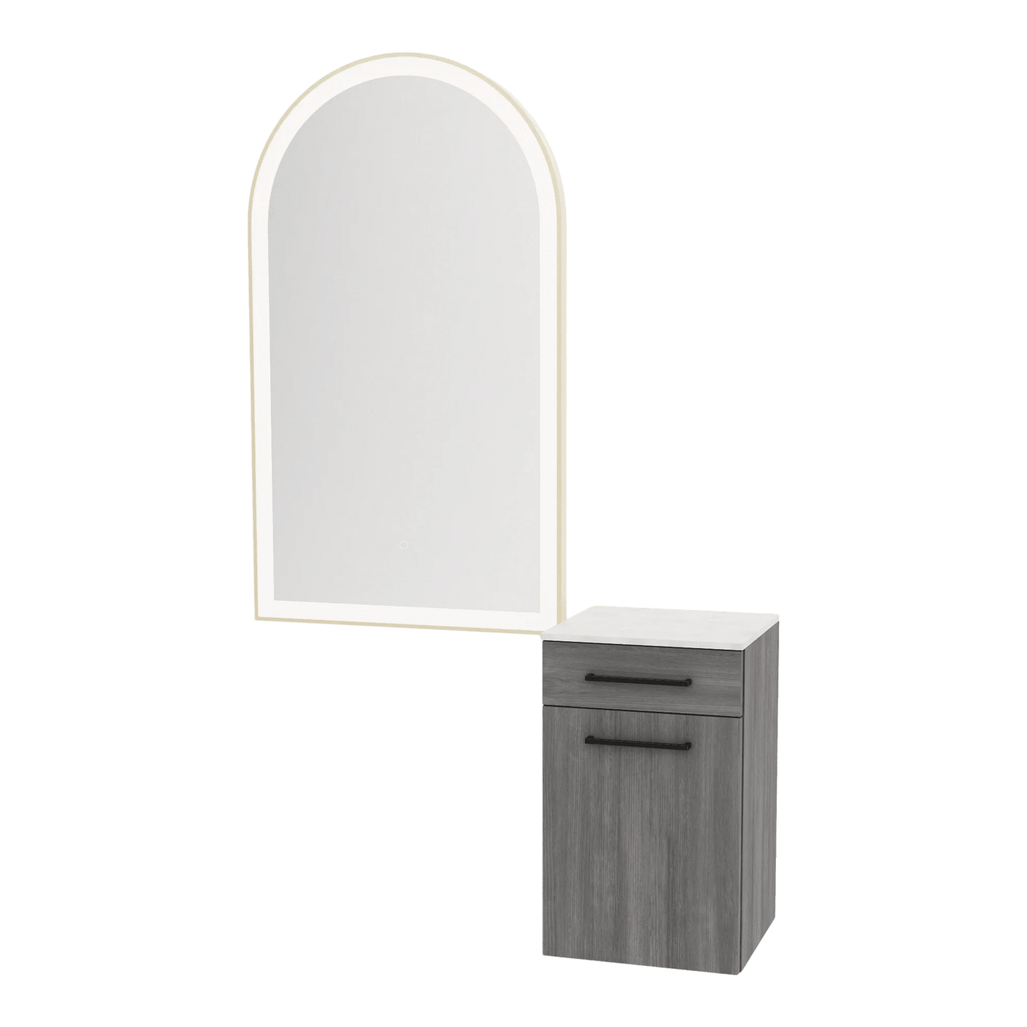 Glo Wall Mount Styling Station with Tilt-out Appliance Holder, Solid Surface Countertop, and Gold Arch Paloma Mirror - Kaemark