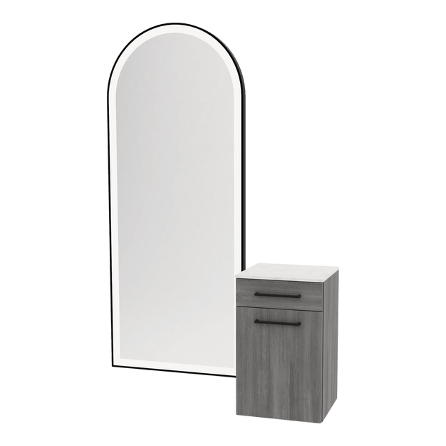 Glo Wall Mount Styling Station with Tilt-out Appliance Holder, Solid Surface Countertop, and Black Full-Length Arch Paloma Mirror - Kaemark