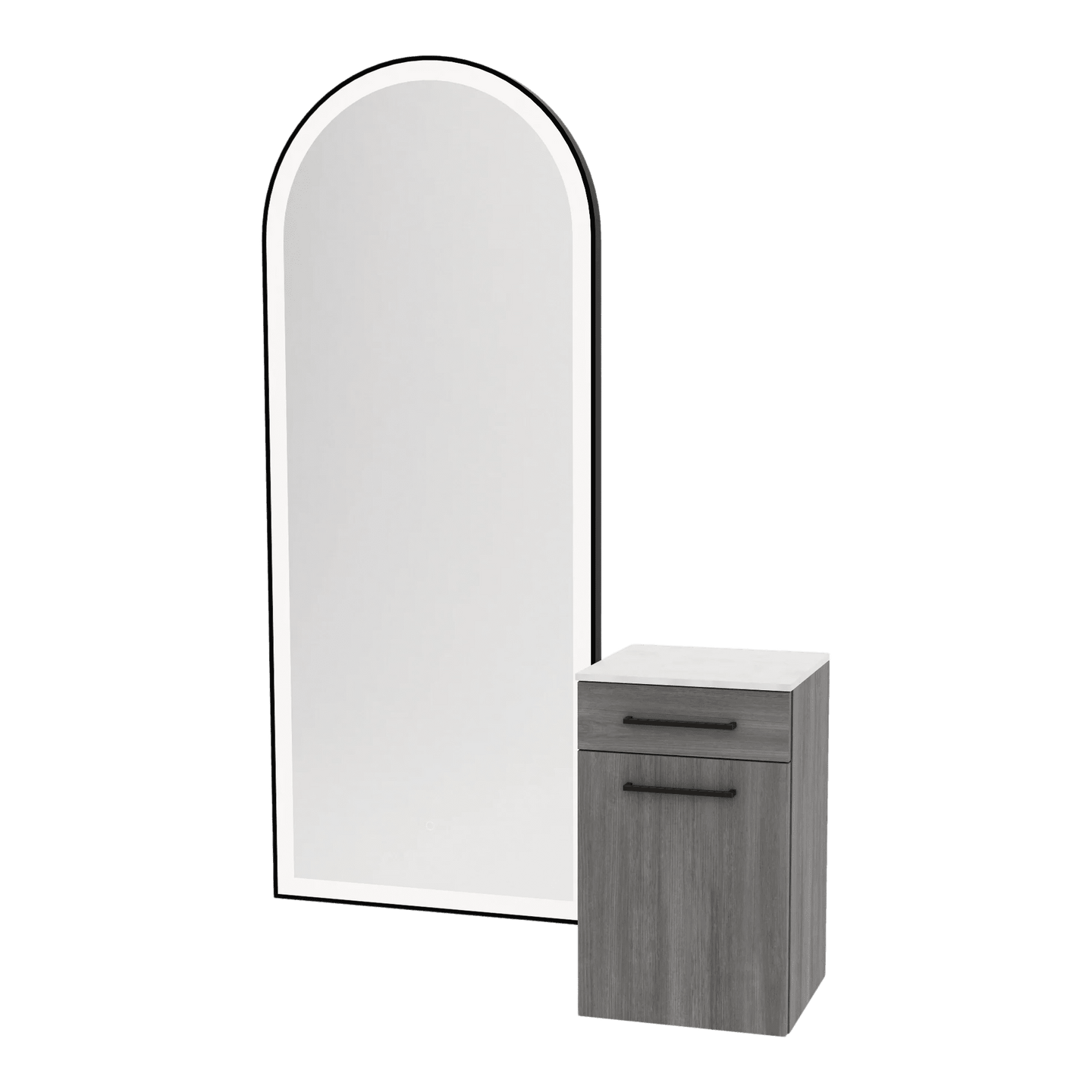 Glo Wall Mount Styling Station with Tilt-out Appliance Holder, Solid Surface Countertop, and Black Full-Length Arch Paloma Mirror - Kaemark