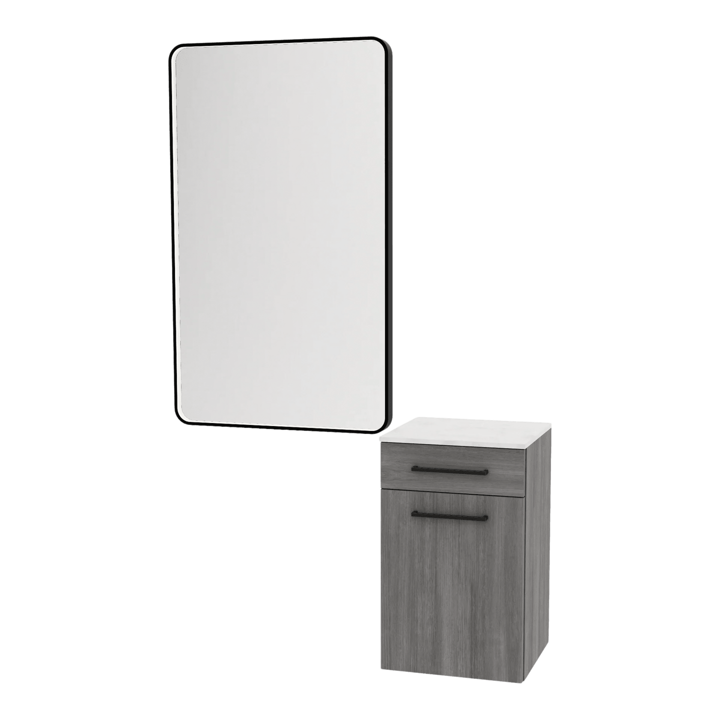 Glo Laminate Wall Mount Styling Station with Solid Surface Countertop, Tilt-Out Appliance Holder, and Westin Rectangle Mirror - Kaemark