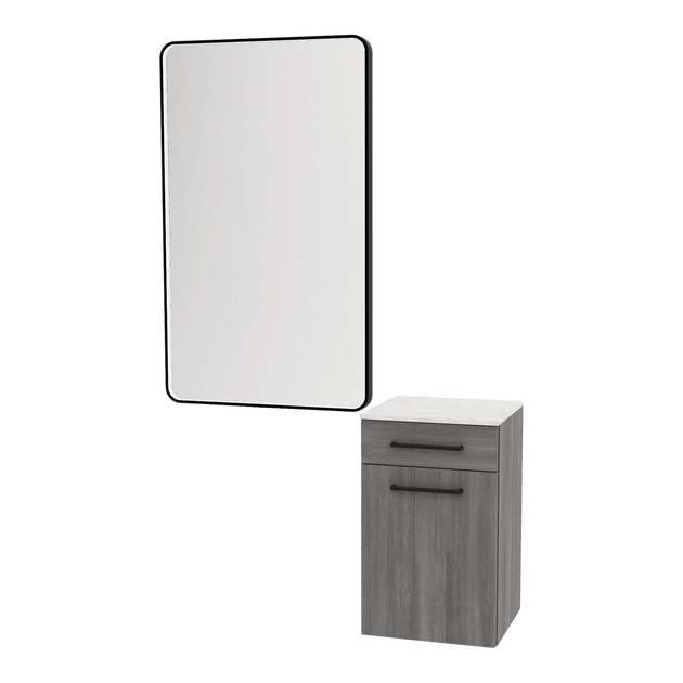 Glo Laminate Wall Mount Styling Station with Solid Surface Countertop, Tilt-Out Appliance Holder, and Westin Rectangle Mirror - Kaemark