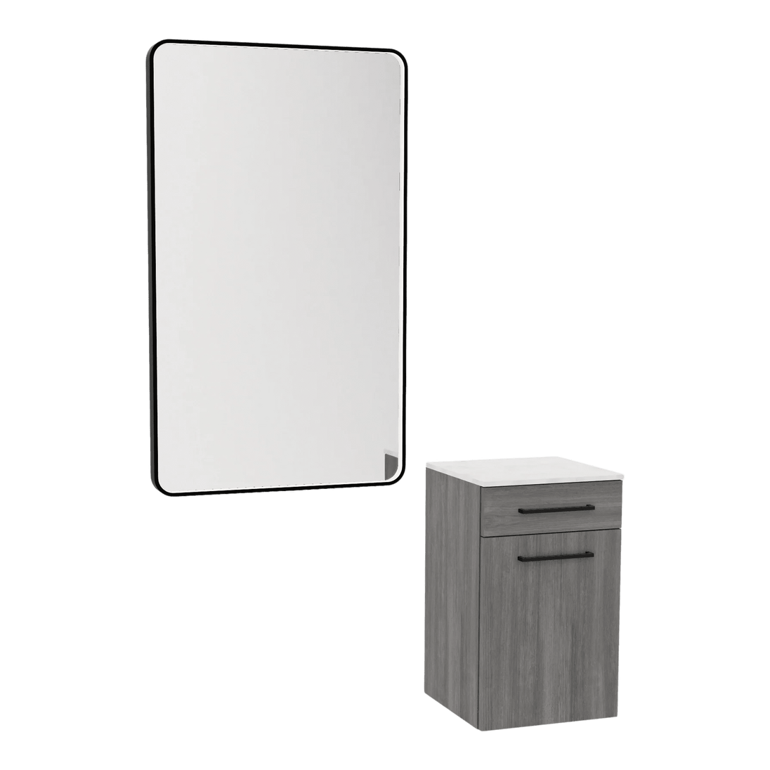 Glo Laminate Wall Mount Styling Station with Solid Surface Countertop, Tilt-Out Appliance Holder, and Westin Rectangle Mirror - Kaemark
