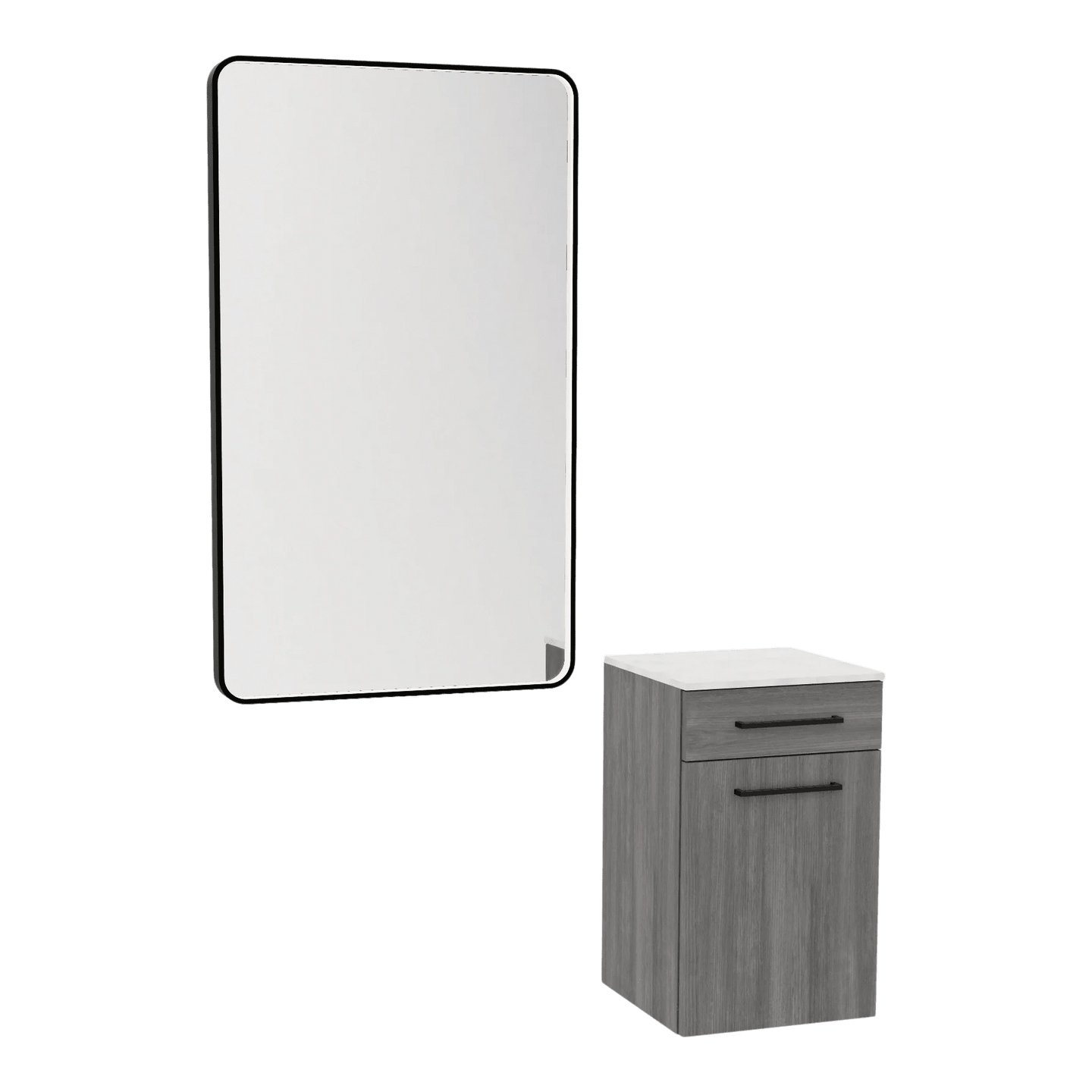 Glo Laminate Wall Mount Styling Station with Solid Surface Countertop, Tilt-Out Appliance Holder, and Westin Rectangle Mirror - Kaemark