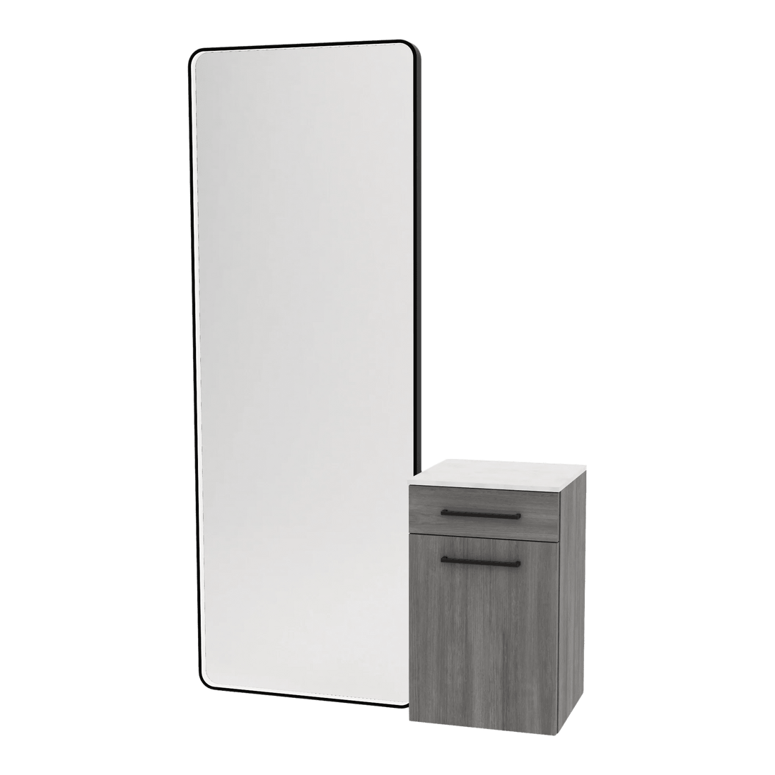 Glo Wall Mount Styling Station with Tilt-out Appliance Holder, Solid Surface Countertop, and Black Full-Length Rectangle Westin Mirror - Kaemark