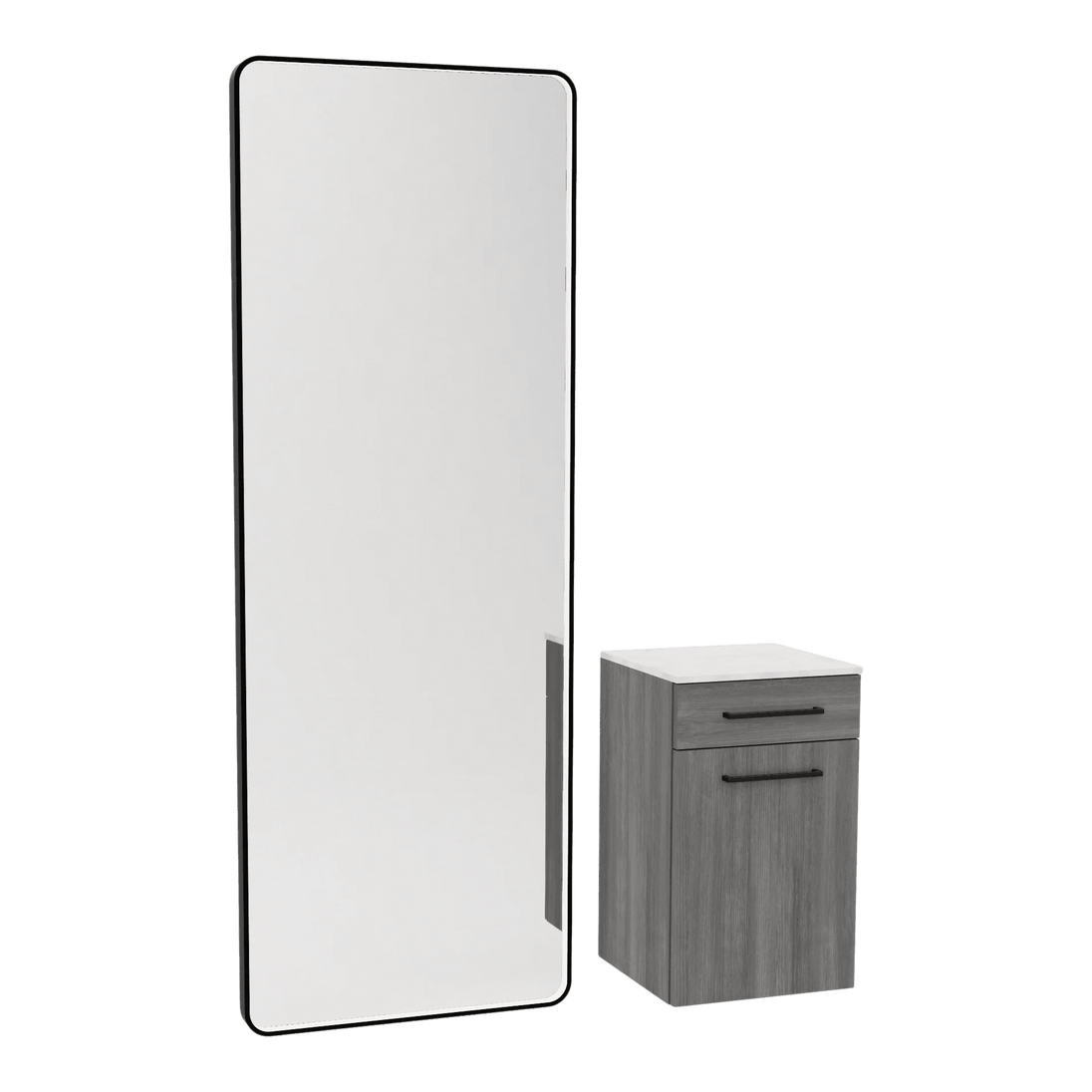 Glo Wall Mount Styling Station with Tilt-out Appliance Holder, Solid Surface Countertop, and Black Full-Length Rectangle Westin Mirror - Kaemark