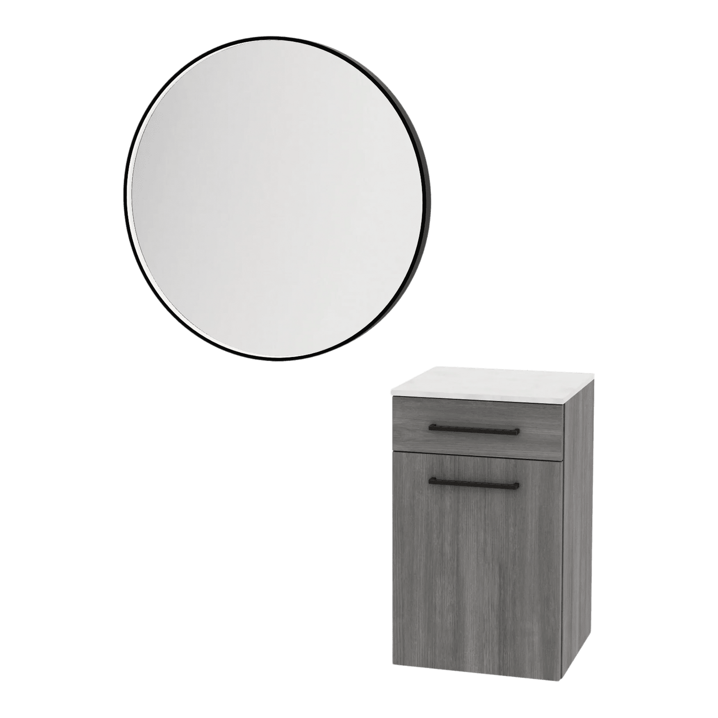 Glo Wall Mount Styling Station with Tilt-out Appliance Holder, Solid Surface Countertop, and Black Round Westin Mirror - Kaemark