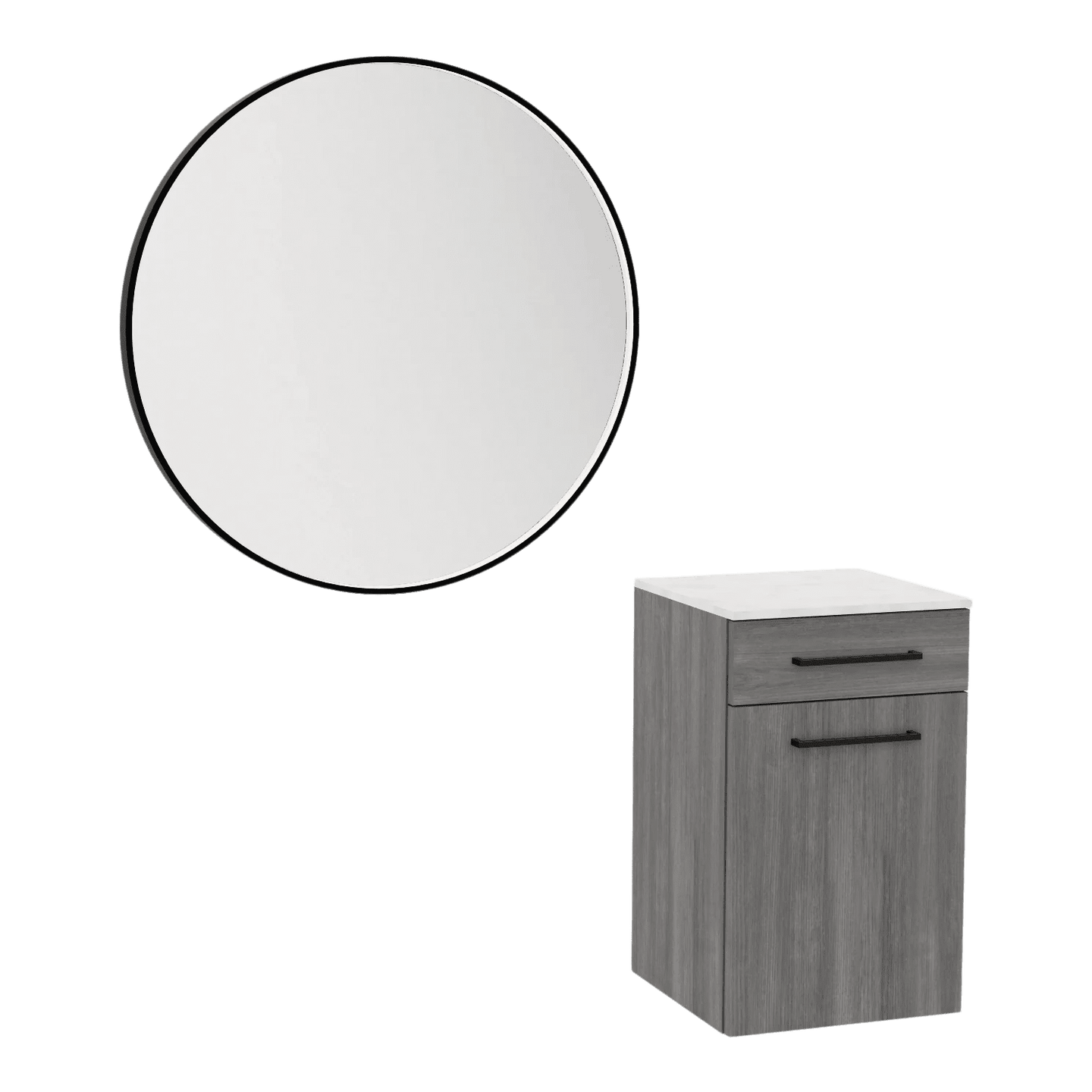 Glo Wall Mount Styling Station with Tilt-out Appliance Holder, Solid Surface Countertop, and Black Round Westin Mirror - Kaemark