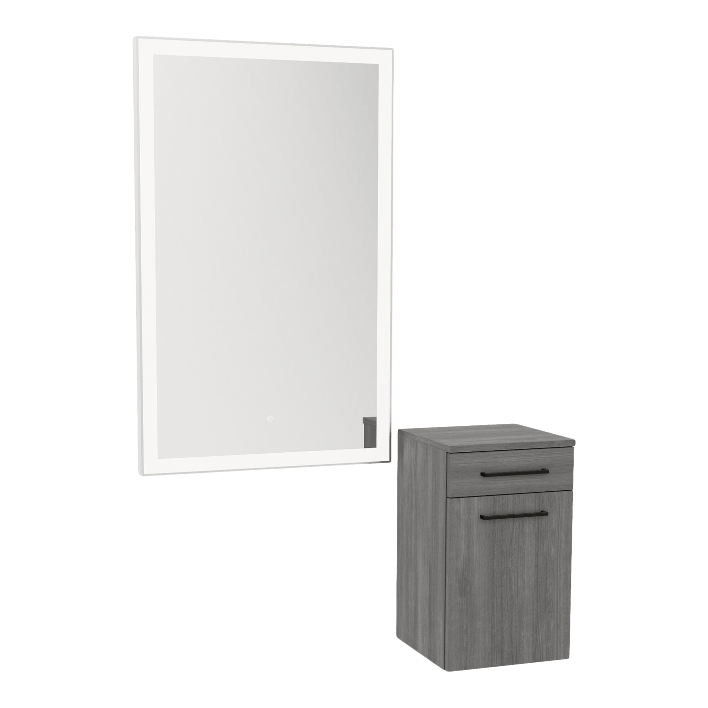 Glo Wall Mount Styling Station with Tilt-out Appliance Holder and Silver Rectangle Glo Mirror - Kaemark