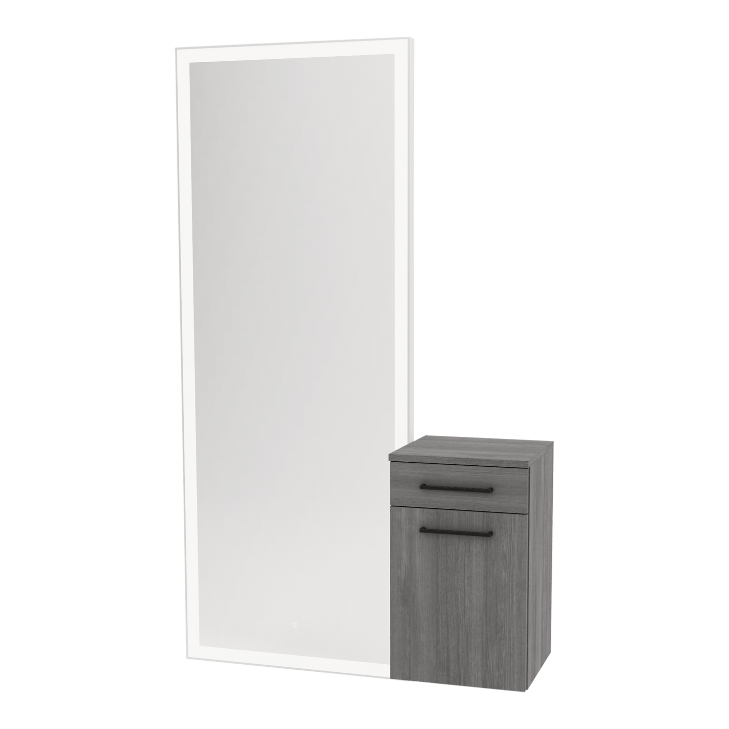 Glo Wall Mount Styling Station with Tilt-out Appliance Holder and Silver Full-Length Rectangle Glo Mirror - Kaemark
