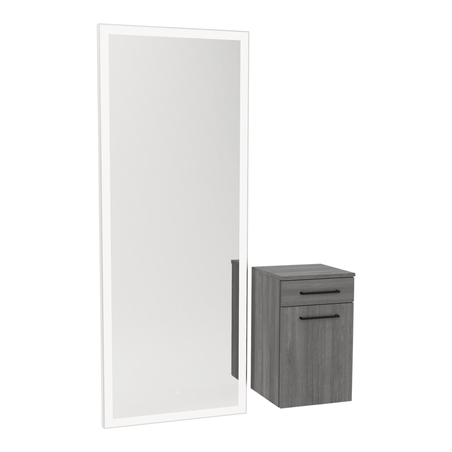 Glo Wall Mount Styling Station with Tilt-out Appliance Holder and Silver Full-Length Rectangle Glo Mirror - Kaemark