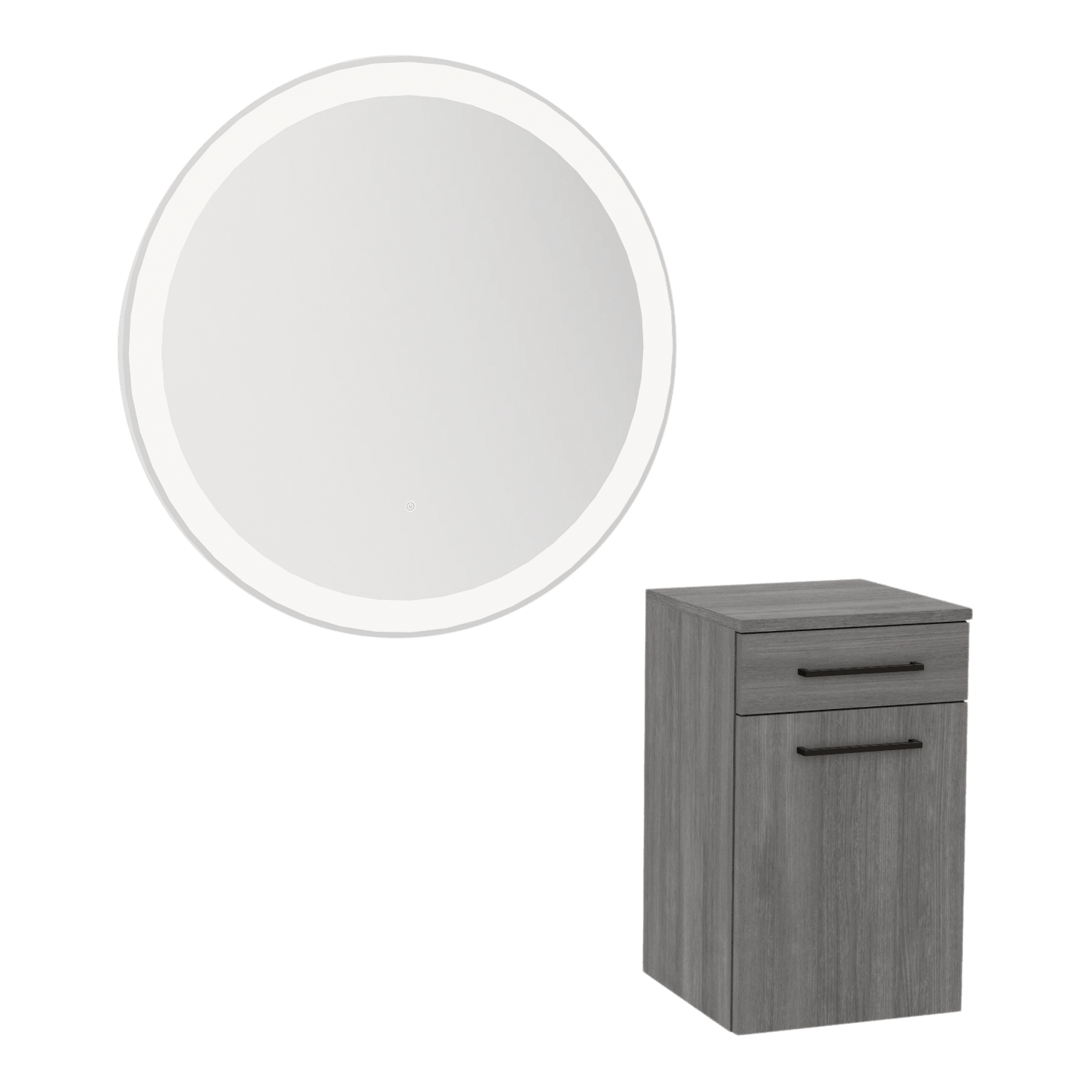 Glo Wall Mount Styling Station with Tilt-out Appliance Holder and Silver Round Glo Mirror - Kaemark