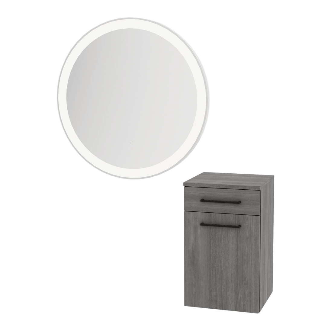 Glo Wall Mount Styling Station with Tilt-out Appliance Holder and Silver Round Glo Mirror - Kaemark