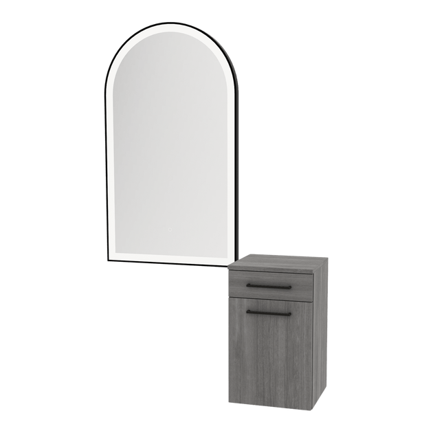 Glo Wall Mount Styling Station with Tilt-out Appliance Holder and Black Arch Paloma Mirror - Kaemark