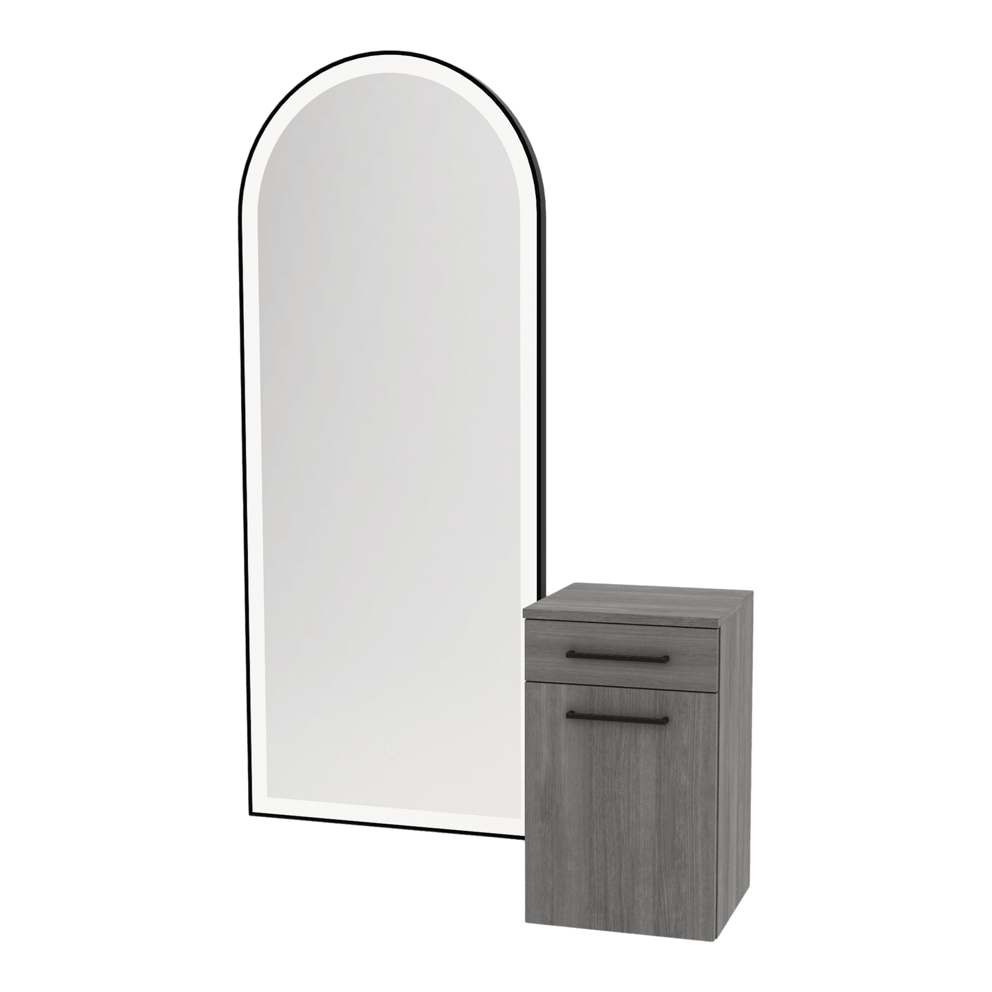 Glo Wall Mount Styling Station with Tilt-out Appliance Holder and Black Full-Length Arch Paloma Mirror - Kaemark