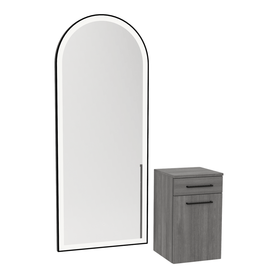 Glo Wall Mount Styling Station with Tilt-out Appliance Holder and Black Full-Length Arch Paloma Mirror - Kaemark