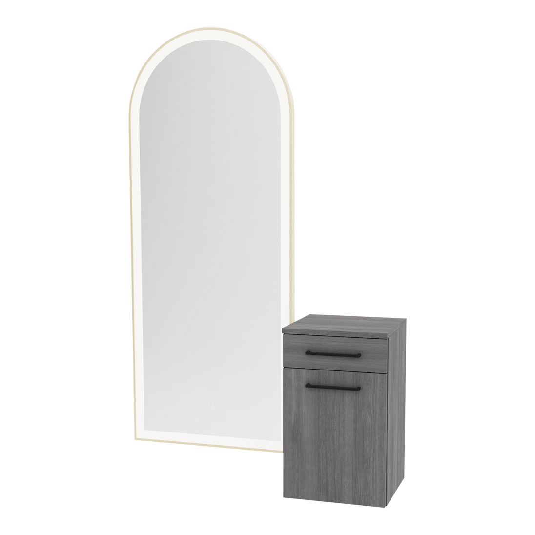Glo Wall Mount Styling Station with Tilt-out Appliance Holder and Gold Full-Length Arch Paloma Mirror - Kaemark