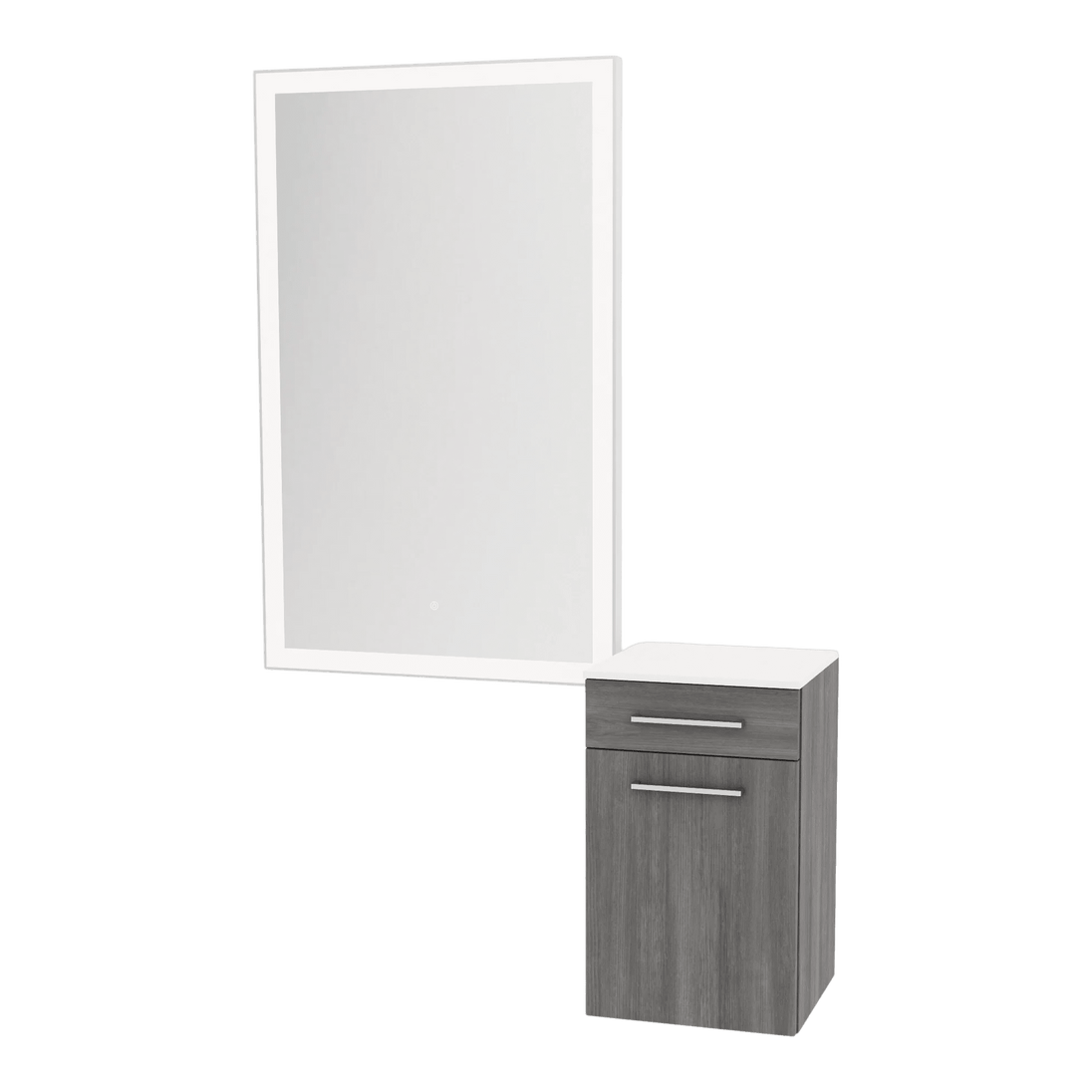 Glo Wall Mount Styling Station with Tilt-out Appliance Holder, Solid Surface Countertop, and Silver Rectangle Glo Mirror - Kaemark