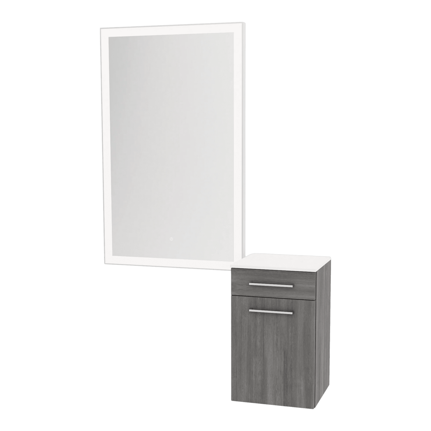 Glo Wall Mount Styling Station with Tilt-out Appliance Holder, Solid Surface Countertop, and Silver Rectangle Glo Mirror - Kaemark