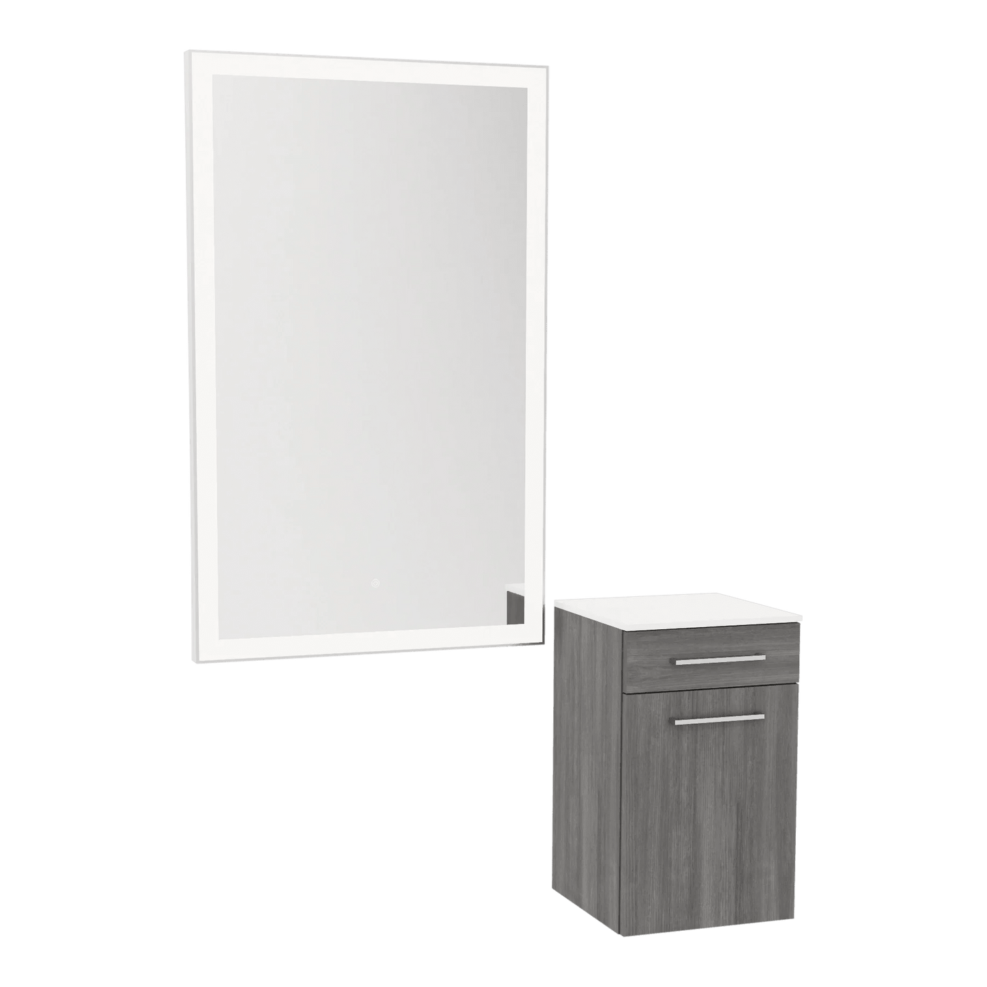 Glo Wall Mount Styling Station with Tilt-out Appliance Holder, Solid Surface Countertop, and Silver Rectangle Glo Mirror - Kaemark