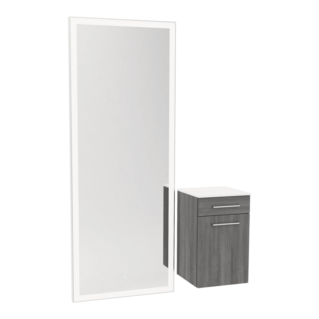Glo Wall Mount Styling Station with Tilt-out Appliance Holder, Solid Surface Countertop, and Silver Full-Length Rectangle Glo Mirror - Kaemark