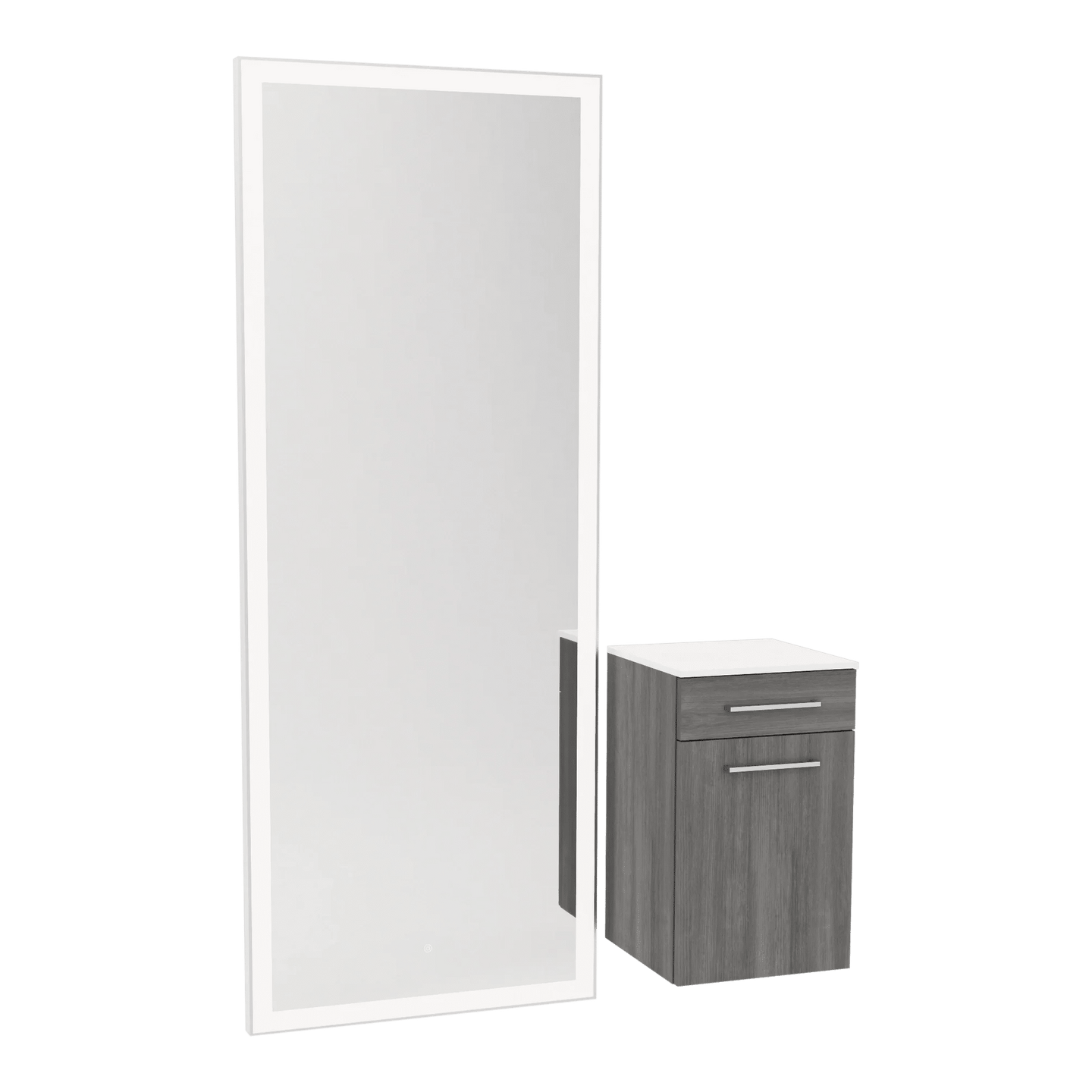 Glo Wall Mount Styling Station with Tilt-out Appliance Holder, Solid Surface Countertop, and Silver Full-Length Rectangle Glo Mirror - Kaemark