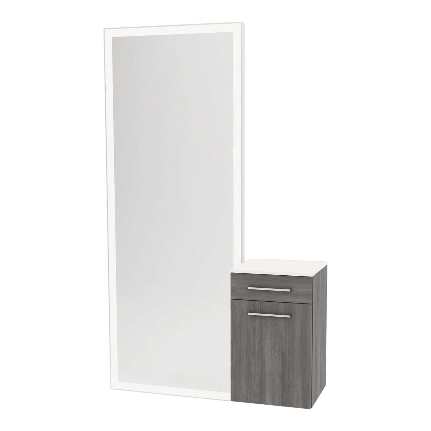 Glo Wall Mount Styling Station with Tilt-out Appliance Holder, Solid Surface Countertop, and Silver Full-Length Rectangle Glo Mirror - Kaemark