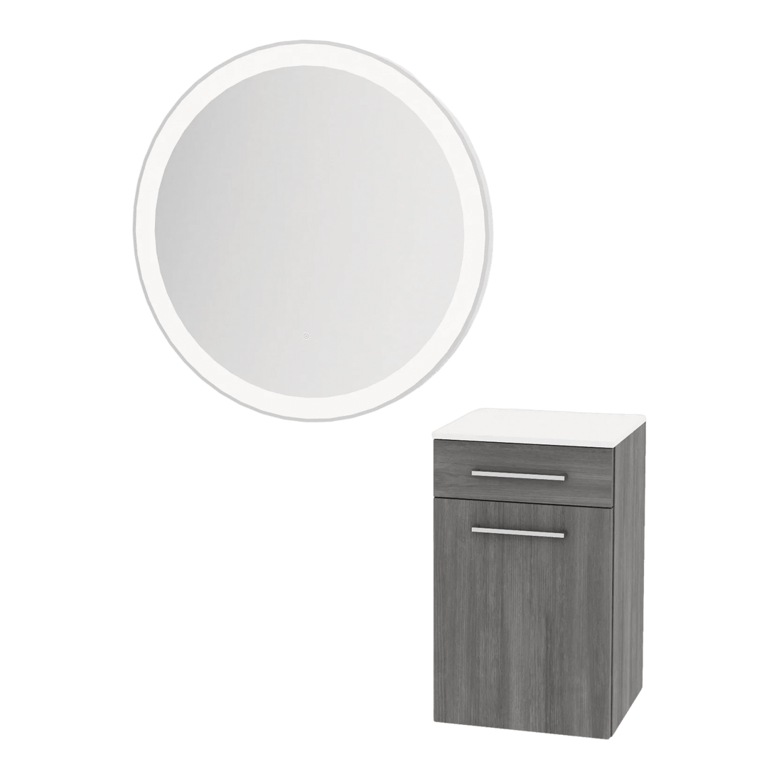 Glo Wall Mount Styling Station with Tilt-out Appliance Holder, Solid Surface Countertop, and Silver Round Glo Mirror - Kaemark