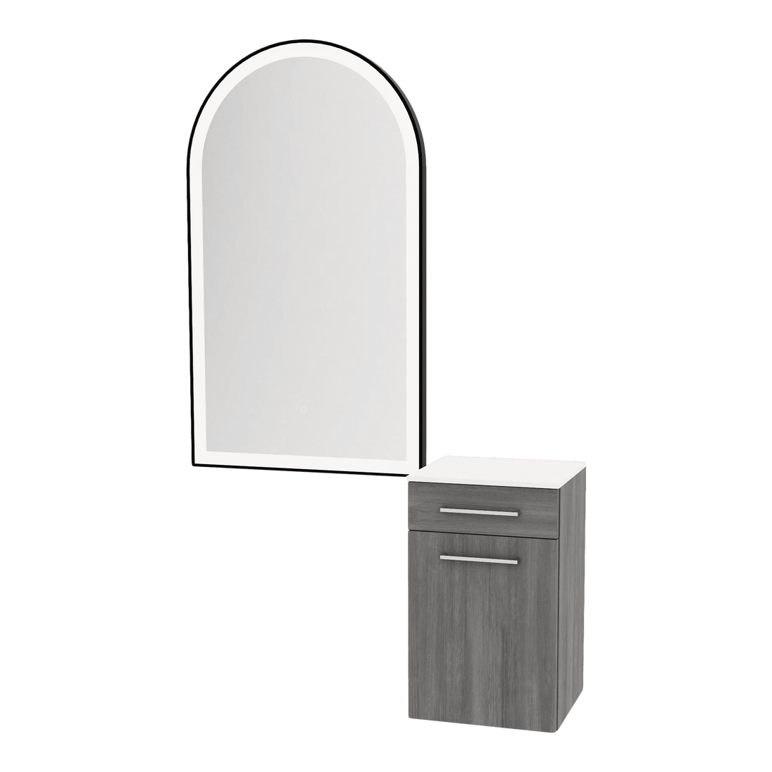 Glo Wall Mount Styling Station with Tilt-out Appliance Holder, Solid Surface Countertop, and Black Arch Paloma Mirror - Kaemark