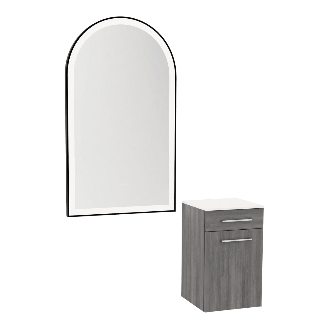 Glo Wall Mount Styling Station with Tilt-out Appliance Holder, Solid Surface Countertop, and Black Arch Paloma Mirror - Kaemark