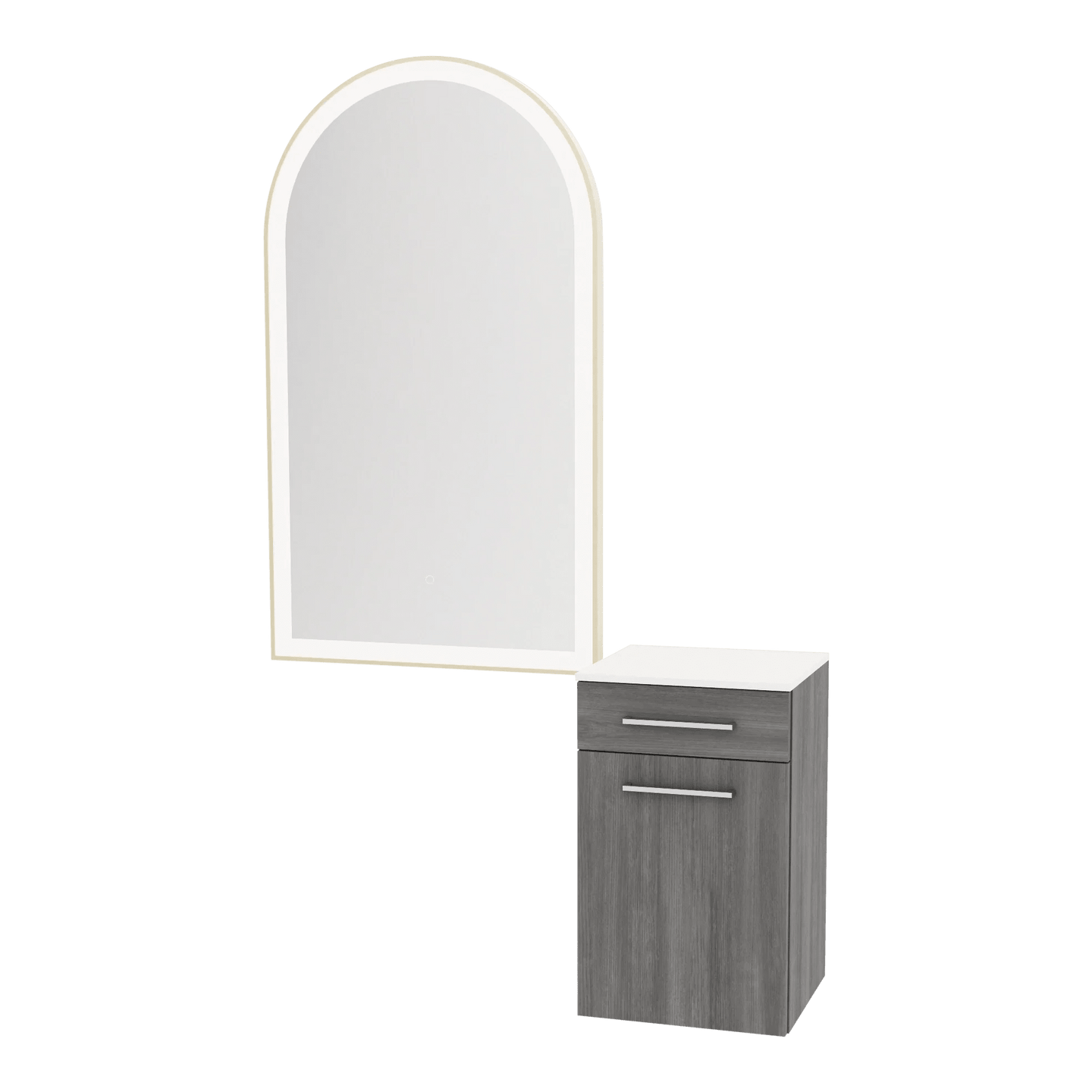 Glo Wall Mount Styling Station with Tilt-out Appliance Holder, Solid Surface Countertop, and Gold Arch Paloma Mirror - Kaemark
