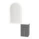 Glo Wall Mount Styling Station with Tilt-out Appliance Holder, Solid Surface Countertop, and Gold Arch Paloma Mirror - Kaemark