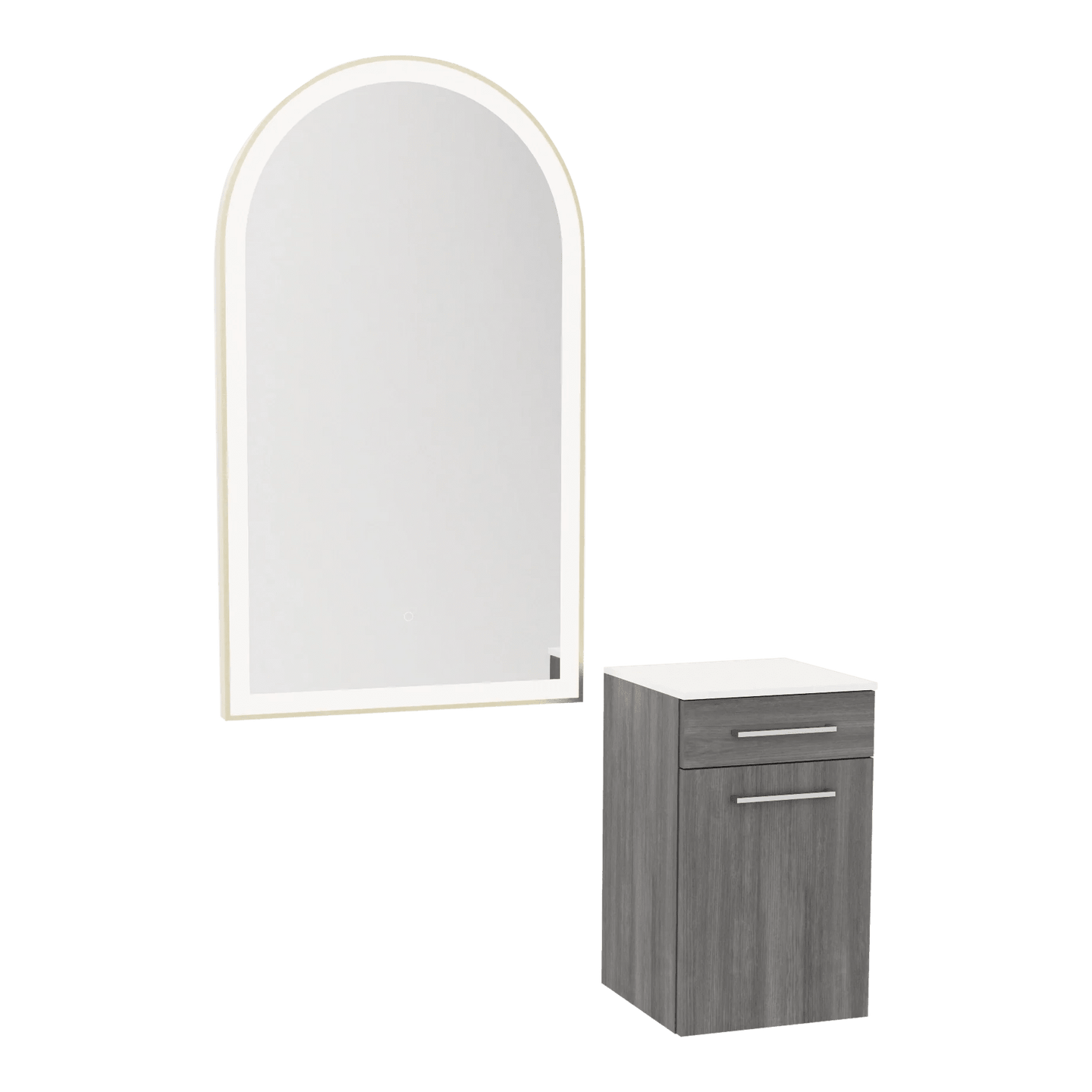 Glo Wall Mount Styling Station with Tilt-out Appliance Holder, Solid Surface Countertop, and Gold Arch Paloma Mirror - Kaemark